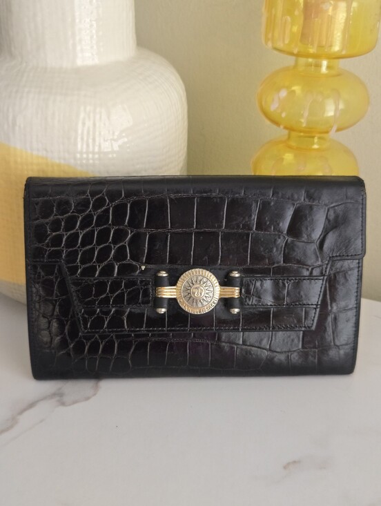 Versace Handbags - Vintage Gianni Versace Black Croc-Embossed Leather Long Wallet Clutch